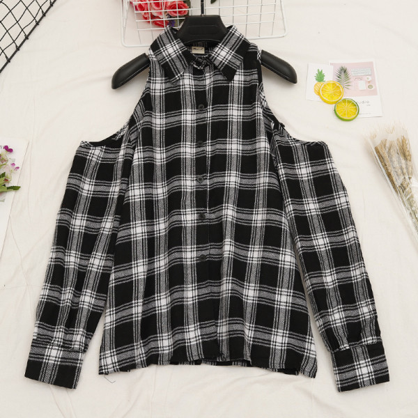 Kockás női ing három színben, klasszikus gallérral, csupasz vállakkal