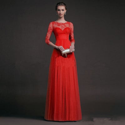 Elegáns női hosszú ruha csipkével és tüllvel, zöld és piros színben