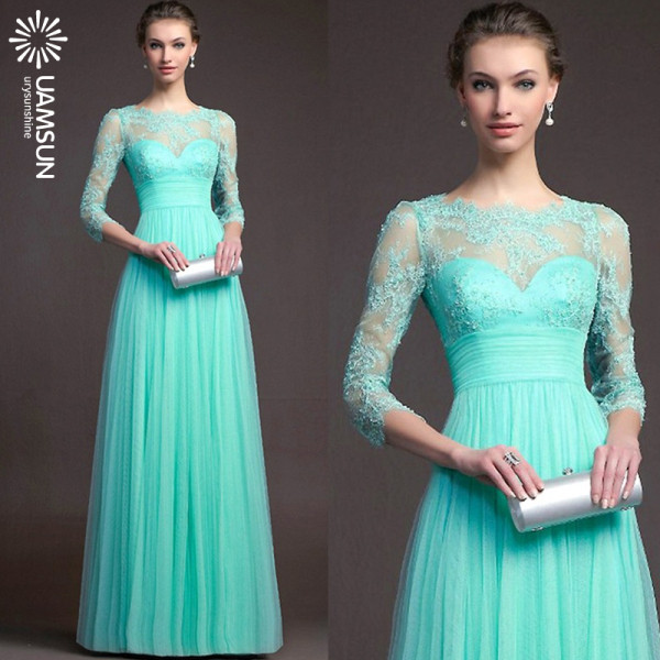 Elegáns női hosszú ruha csipkével és tüllvel, zöld és piros színben