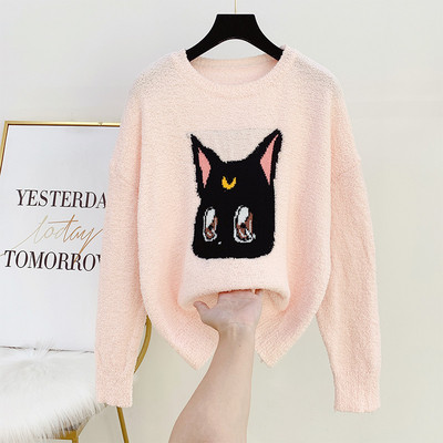 Modern női pulóver ovális nyakkivágással, fehér és rózsaszín színben