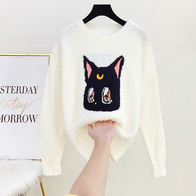 Modern női pulóver ovális nyakkivágással, fehér és rózsaszín színben