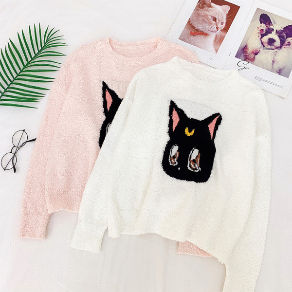 Modern női pulóver ovális nyakkivágással, fehér és rózsaszín színben