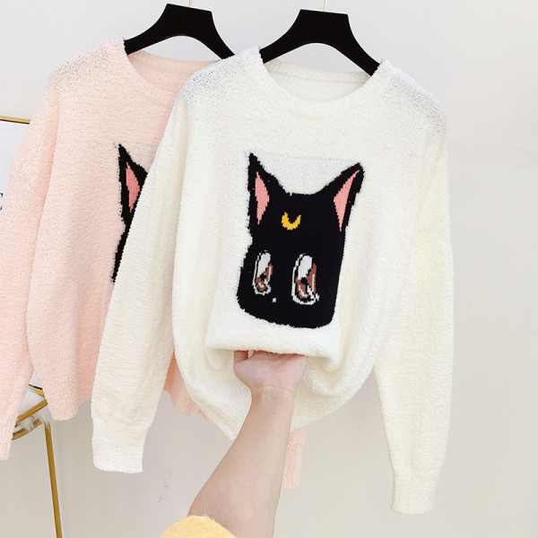 Modern női pulóver ovális nyakkivágással, fehér és rózsaszín színben