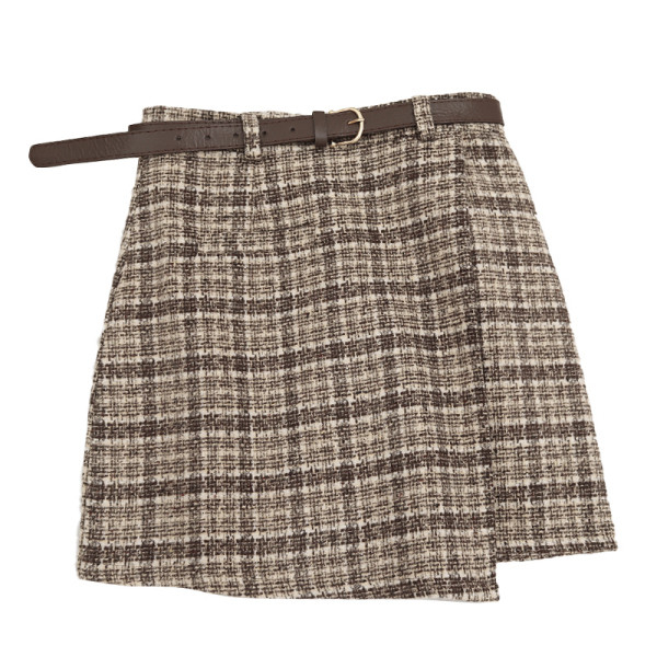 Kockás női szoknya három színben, magas derékkal és övvel