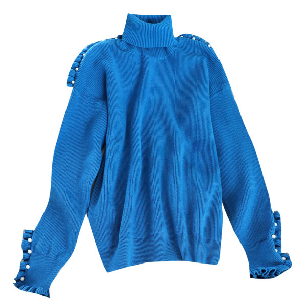 Γυναικείο πουλόβερ με κολάρο και πέρλες σε μπλε, μπεζ και μαύρο χρώμα