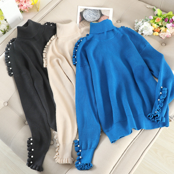 Дамски пуловер с поло яка и перли в син,бежов и черен цвят