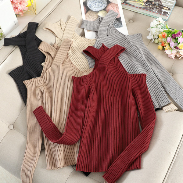 Μοντέρνα γυναικεία μπλούζα με μακριά μανίκια με γυμνά ώμους σε διάφορα χρώματα