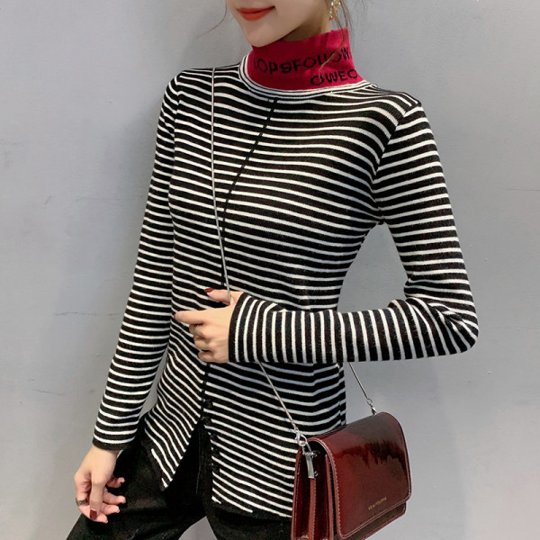 Γυναικεία μοντέρνα ριγέ μπλούζα με κολάρο πόλο σε διάφορα χρώματα