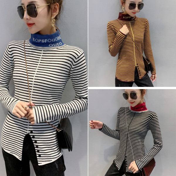 Γυναικεία μοντέρνα ριγέ μπλούζα με κολάρο πόλο σε διάφορα χρώματα