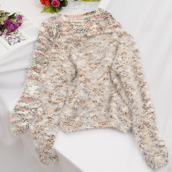 Μοντέρνο γυναικείο πουλόβερ σε τρία χρώματα με μακρύ μανίκι και στρογγυλό ντεκολτέ