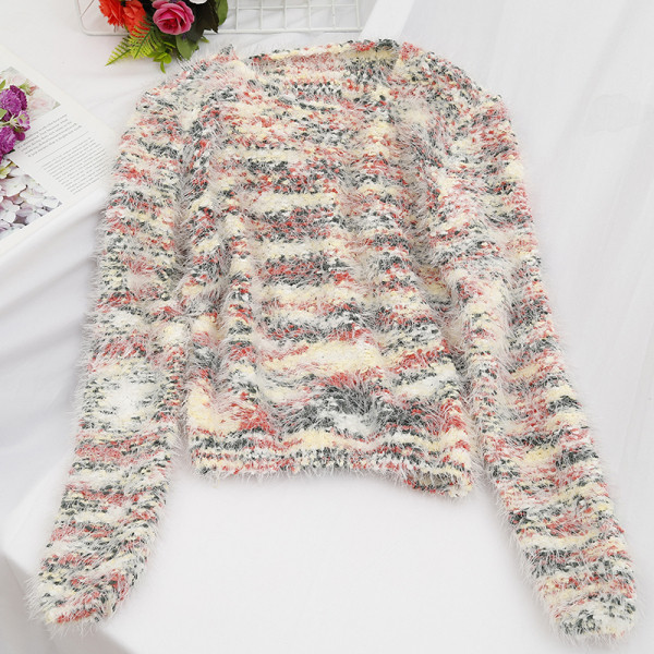 Μοντέρνο γυναικείο πουλόβερ σε τρία χρώματα με μακρύ μανίκι και στρογγυλό ντεκολτέ