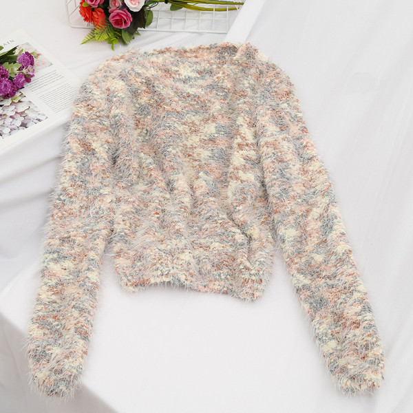 Μοντέρνο γυναικείο πουλόβερ σε τρία χρώματα με μακρύ μανίκι και στρογγυλό ντεκολτέ