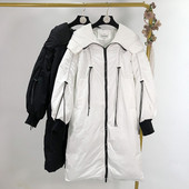 Hosszú téli kabát fűzővel és cipzárral fehér és fekete színben