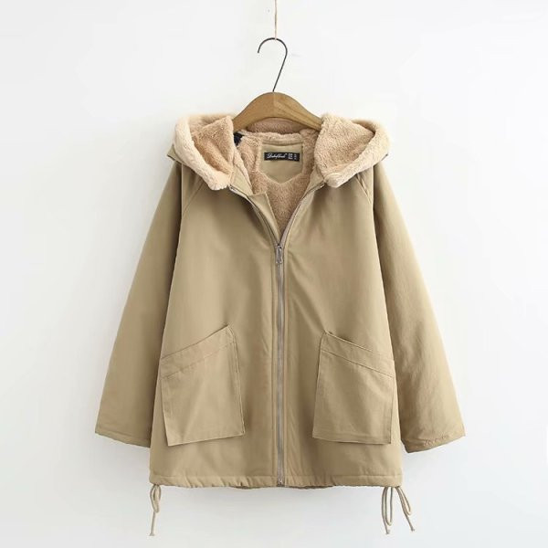 Modern női téli kabát kapucnival és puha béléssel fekete, rózsaszín és bézs színben