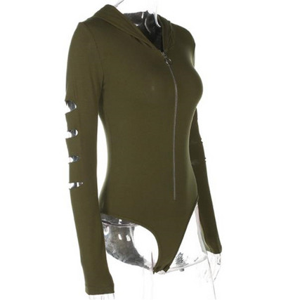 Μοντέρνο γυναικείο κορμάκι με φερμουάρ και κουκούλα σε πράσινο, λευκό και μαύρο χρώμα