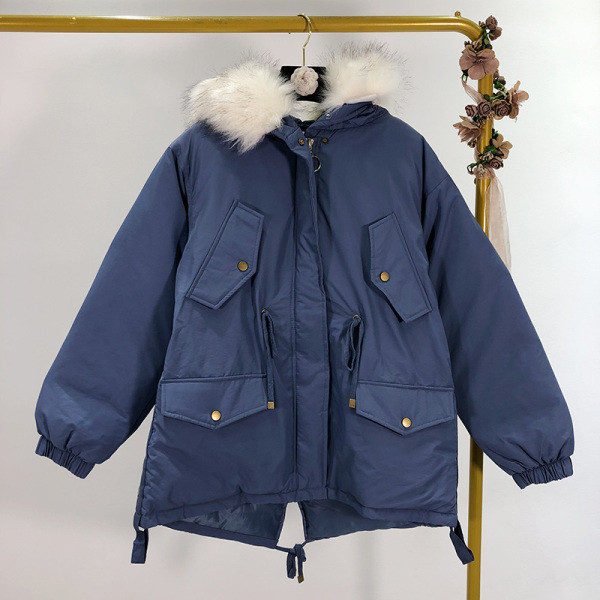 Rövid téli kabát bézs, kék és fekete pehellyel