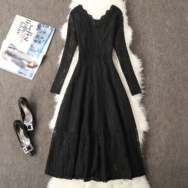 Κομψό γυναικείο μακρύ φόρεμα με δαντέλα και μακριά μανίκια σε τρία χρώματα