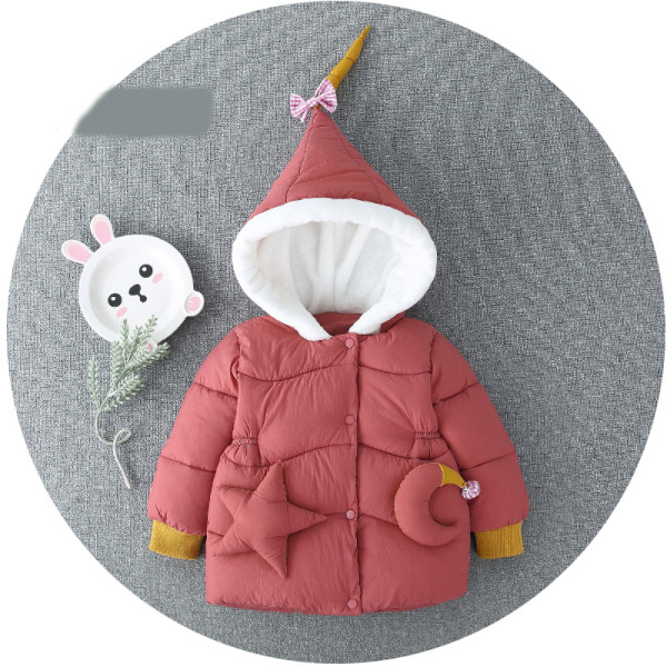 Μοντέρνο παιδικό μπουφάν με κουκούλα και κουμπιά σε ροζ, κόκκινο και πράσινο χρώμα