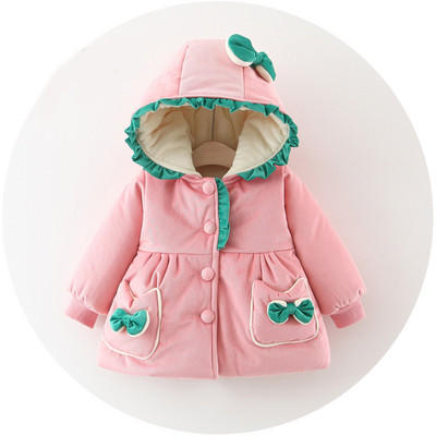 Μοντέρνο παιδικό μπουφάν με κουκούλα και κουμπιά σε ροζ, κόκκινο και κίτρινο χρώμα