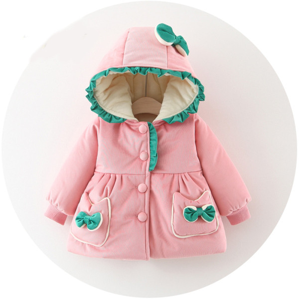 Μοντέρνο παιδικό μπουφάν με κουκούλα και κουμπιά σε ροζ, κόκκινο και κίτρινο χρώμα