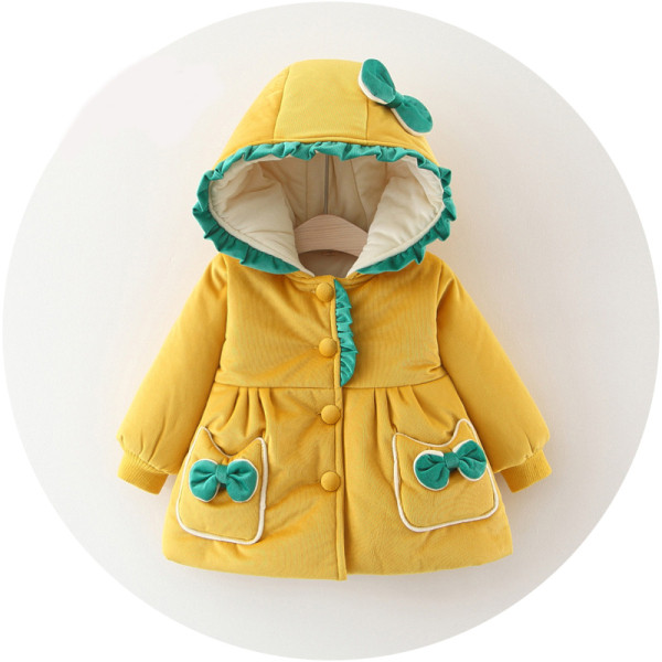 Μοντέρνο παιδικό μπουφάν με κουκούλα και κουμπιά σε ροζ, κόκκινο και κίτρινο χρώμα