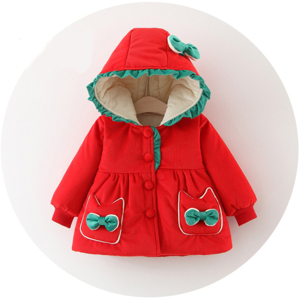 Μοντέρνο παιδικό μπουφάν με κουκούλα και κουμπιά σε ροζ, κόκκινο και κίτρινο χρώμα