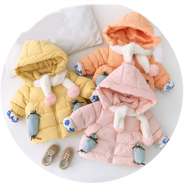 Νέο μοντέλο παιδικό μπουφάν με κουκούλα και κασκόλ σε ροζ, κίτρινο και πορτοκαλί χρώμα