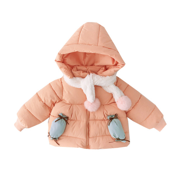 Νέο μοντέλο παιδικό μπουφάν με κουκούλα και κασκόλ σε ροζ, κίτρινο και πορτοκαλί χρώμα