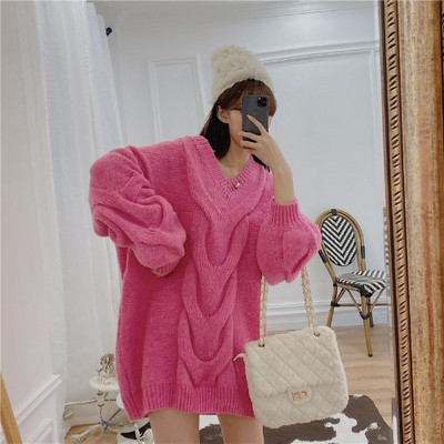 Μοντέρνο γυναικείο φαρδύ πουλόβερ  σε ροζ και γκρι χρώμα