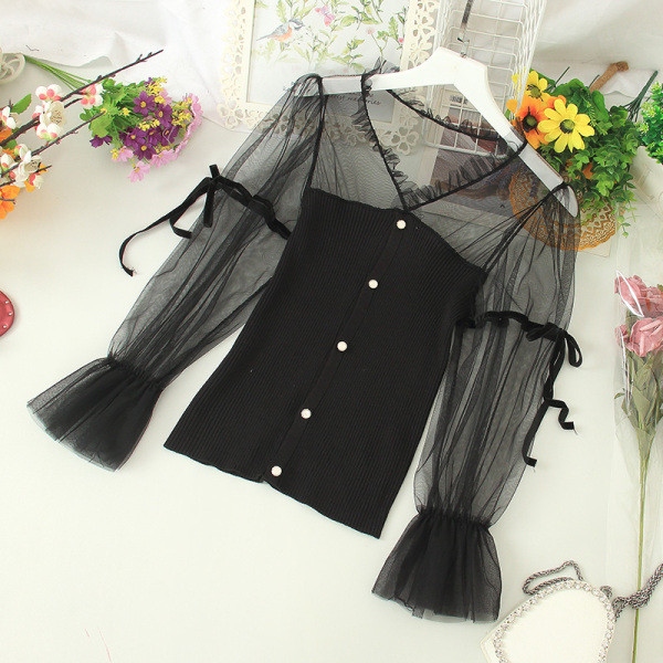 Női alkalmi ing tüllgombokkal és ujjakkal fekete, rózsaszín és fehér színben