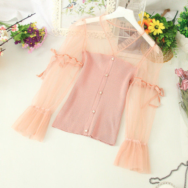 Női alkalmi ing tüllgombokkal és ujjakkal fekete, rózsaszín és fehér színben