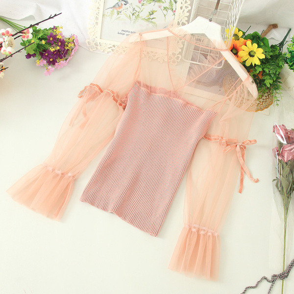 Női alkalmi ing tüllgombokkal és ujjakkal fekete, rózsaszín és fehér színben