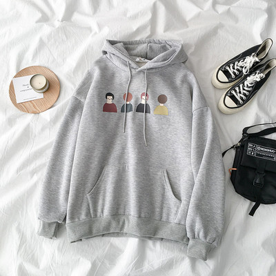 Modern női pulóver kapucnival és színes rátéttel szürke és fehér színben