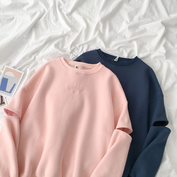 Γυναικεία μπλούζα με μακρύ μανίκι με ωοειδές λαιμόκοψη σε ροζ και μπλε χρώμα