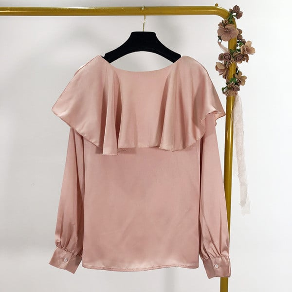 Bluză largă de damă cu decolteu spitz în culoarea roz