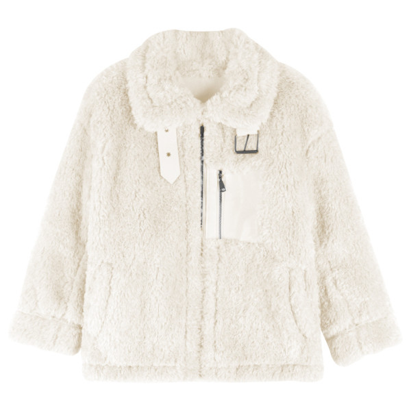 Μοντέρνο χνουδοτό παλτό σε λευκό, μπλε και μπεζ χρώμα