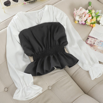 Cămașă de damă cu talie elastică și decolteu spitz în alb și maro