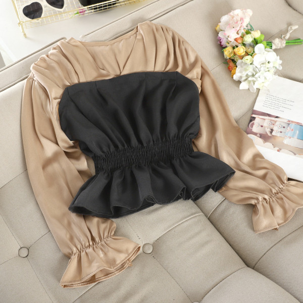 Cămașă de damă cu talie elastică și decolteu spitz în alb și maro