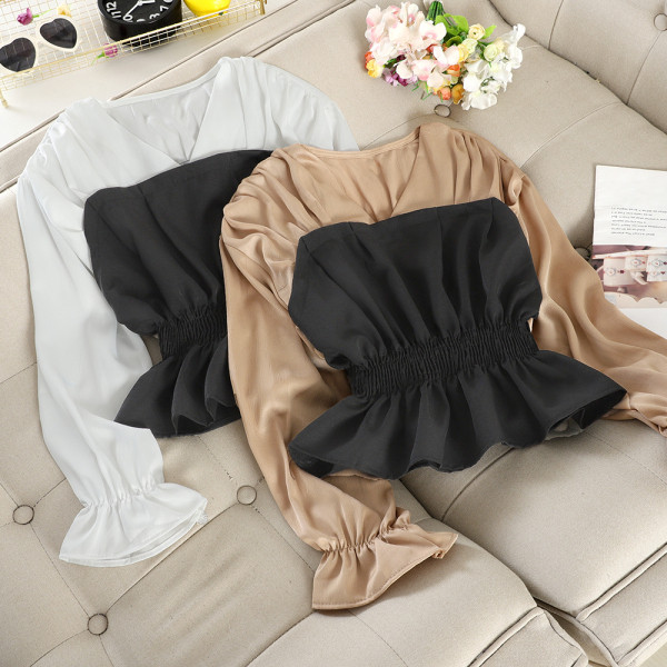 Cămașă de damă cu talie elastică și decolteu spitz în alb și maro