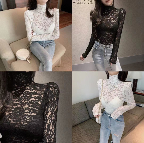 Γυναικεία δαντελένια μπλούζα με κολάρο σε μαύρο και άσπρο χρώμα