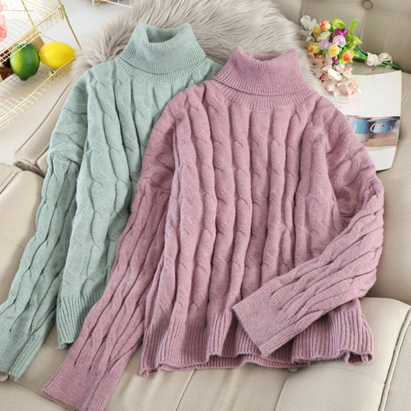 Női pulóver magas pólógallérral, rózsaszín, zöld és sárga színben