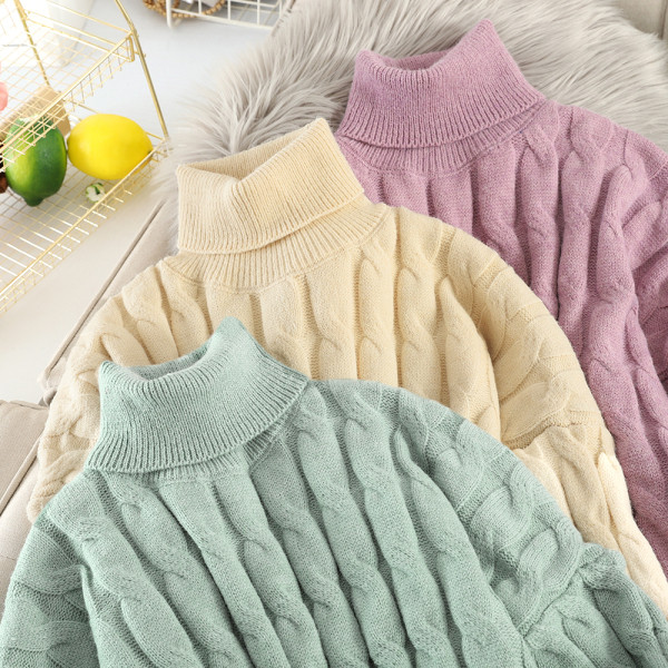 Női pulóver magas pólógallérral, rózsaszín, zöld és sárga színben