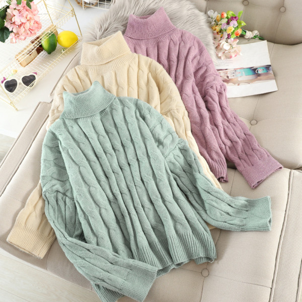 Női pulóver magas pólógallérral, rózsaszín, zöld és sárga színben