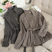 Modern női csíkos ing övvel és gallérral, két színben