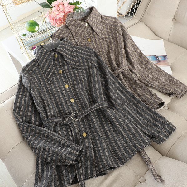 Modern női csíkos ing övvel és gallérral, két színben