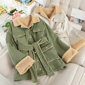 Női kabát puha béléssel és övvel zöld, fehér és fekete színben