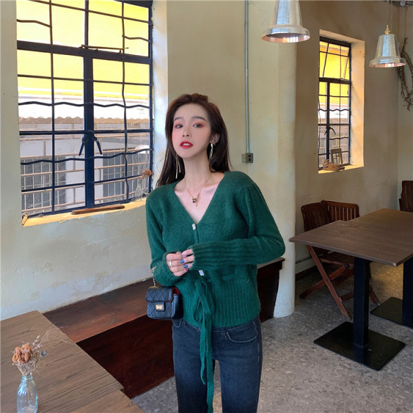 Cardigan scurt de damă cu legături în talie în verde și visiniu