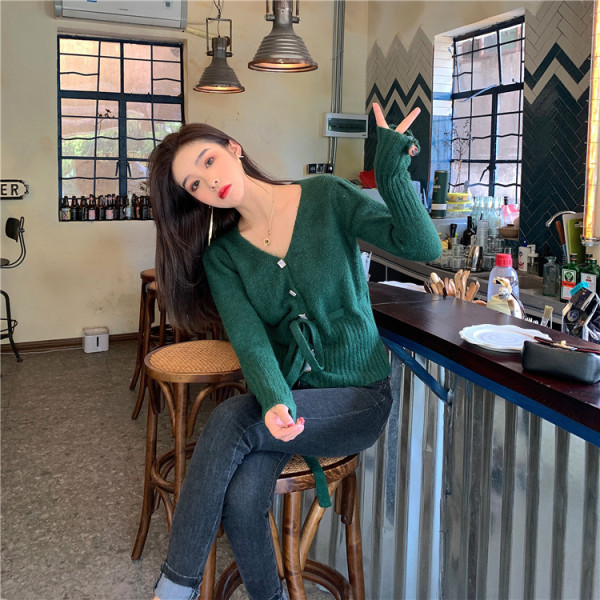 Cardigan scurt de damă cu legături în talie în verde și visiniu