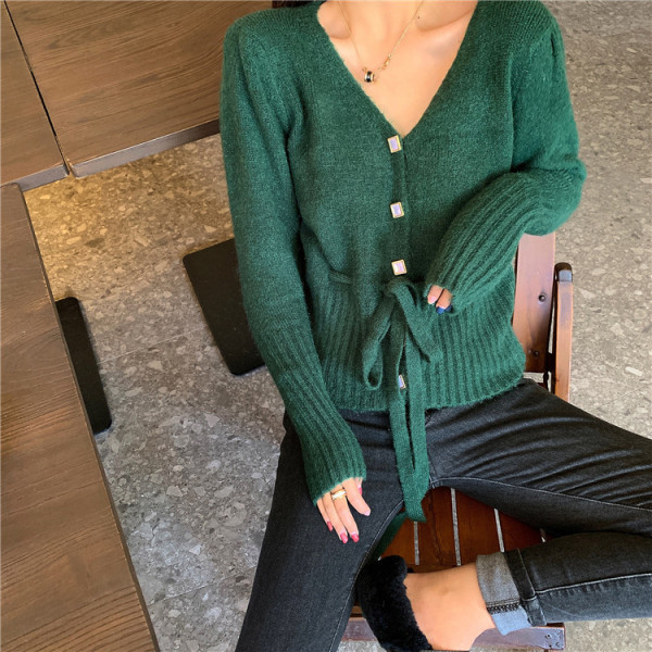 Cardigan scurt de damă cu legături în talie în verde și visiniu