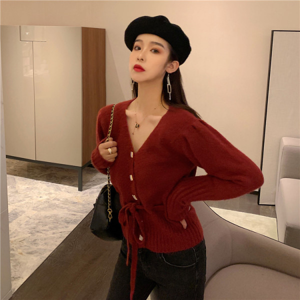 Cardigan scurt de damă cu legături în talie în verde și visiniu